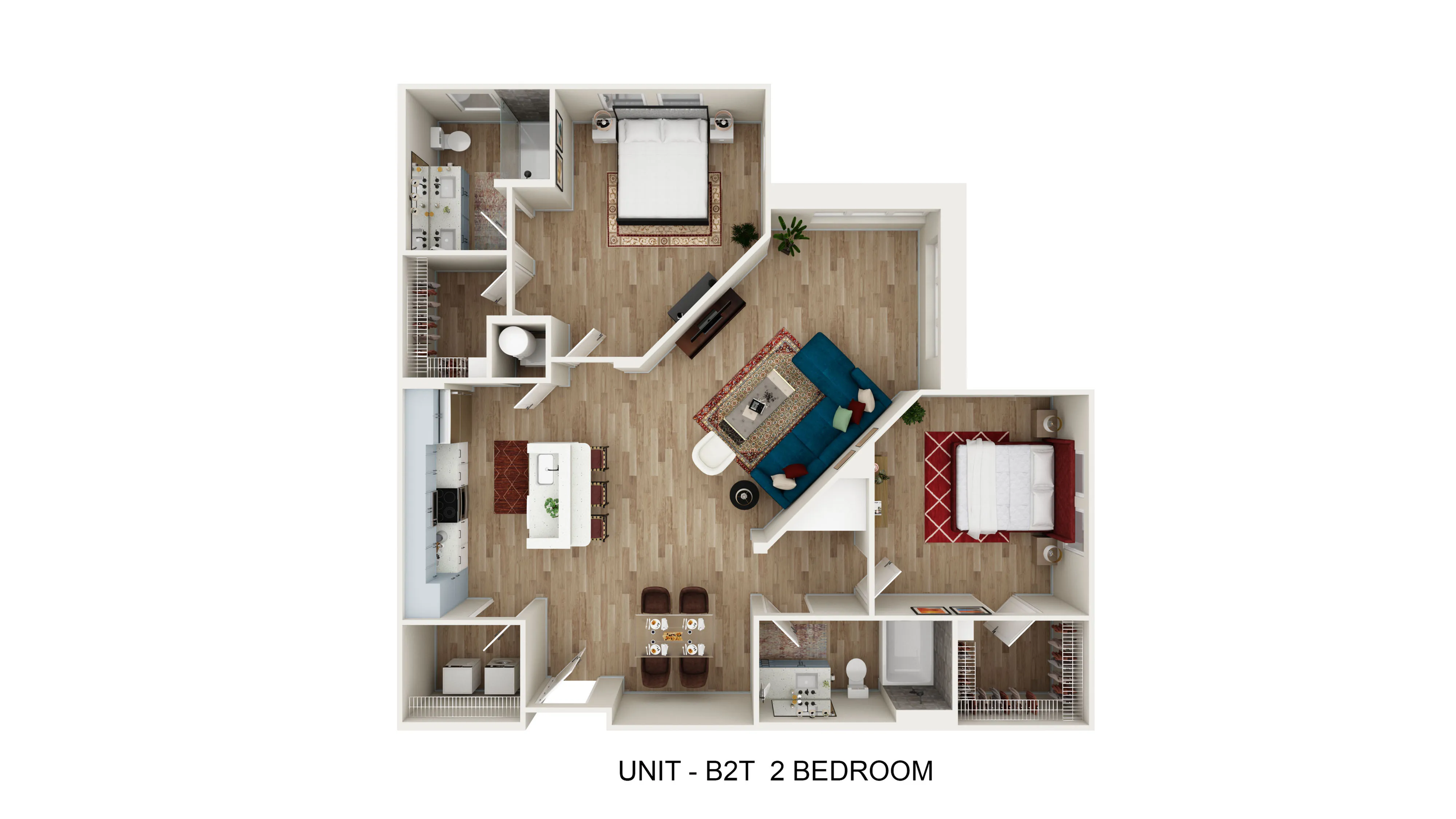 Modern 2D floor plan for Unit B2T showcasing 2 spacious bedrooms, a stylish living area, and an open-concept kitchen.