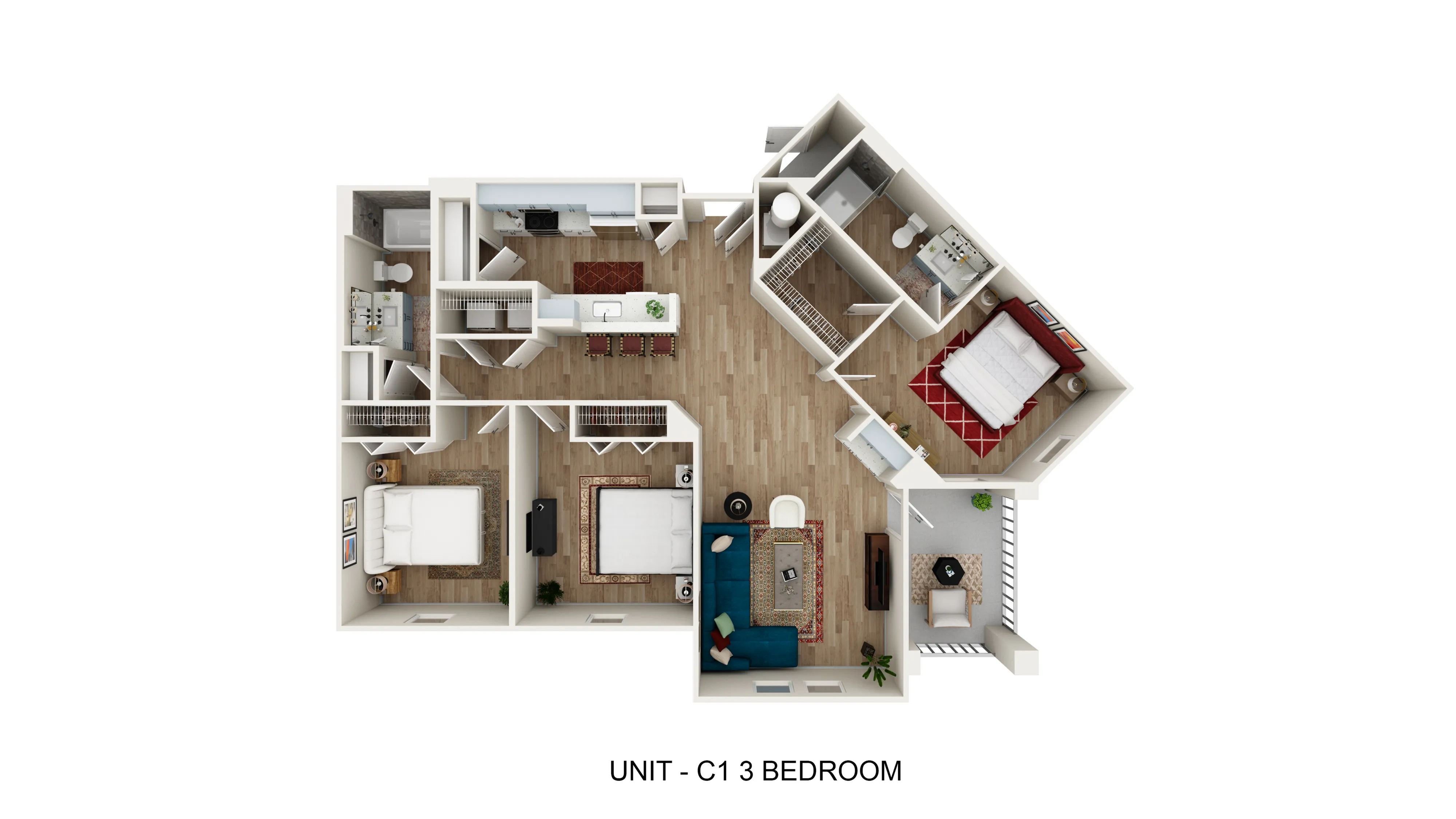 Sleek 3D floor plan of Unit C1 showcasing 3 bedrooms, modern kitchen with island, airy living space, and stylish bathrooms.