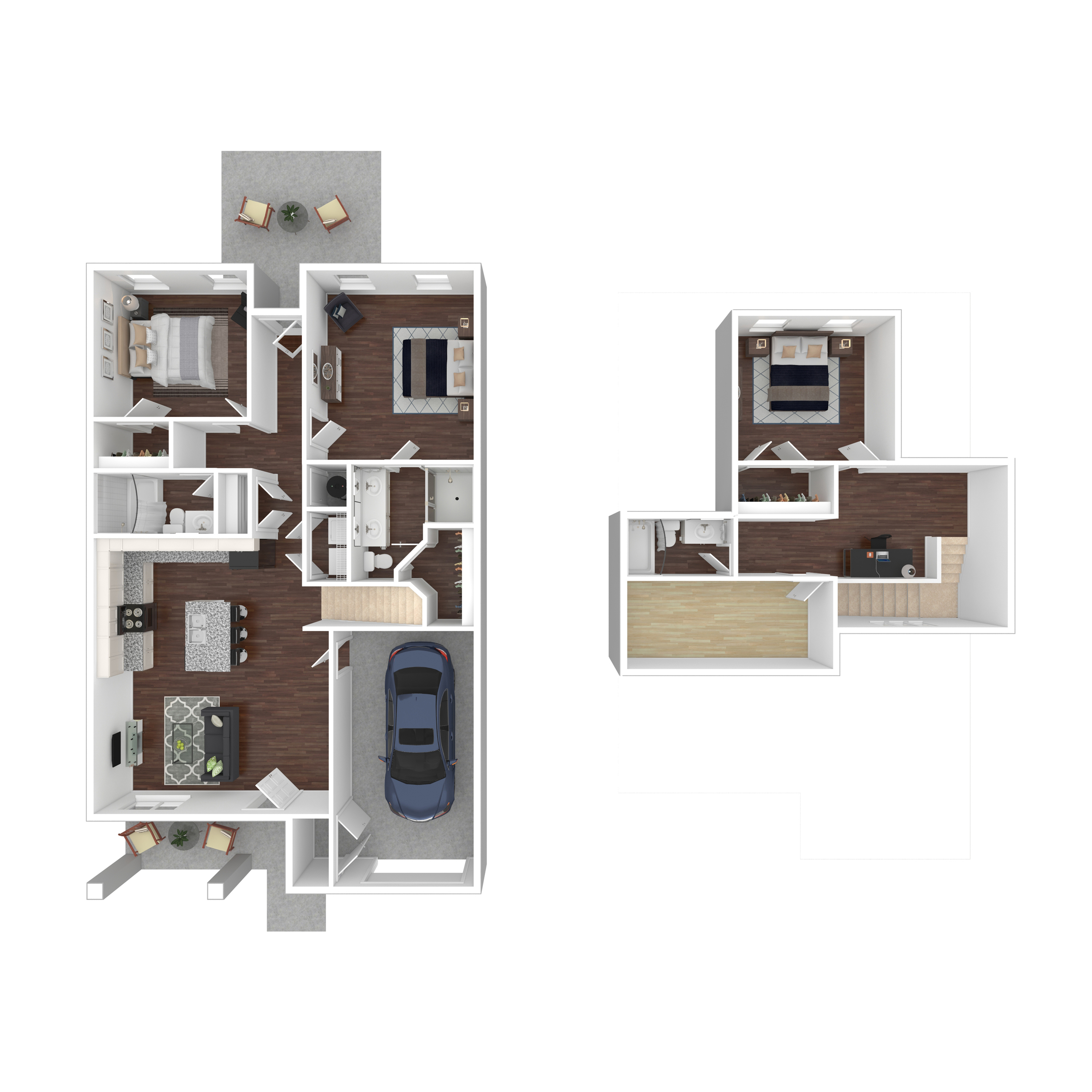 Modern two-story floor plan featuring 3 bedrooms, cozy living spaces, a spacious kitchen, and convenient garage.