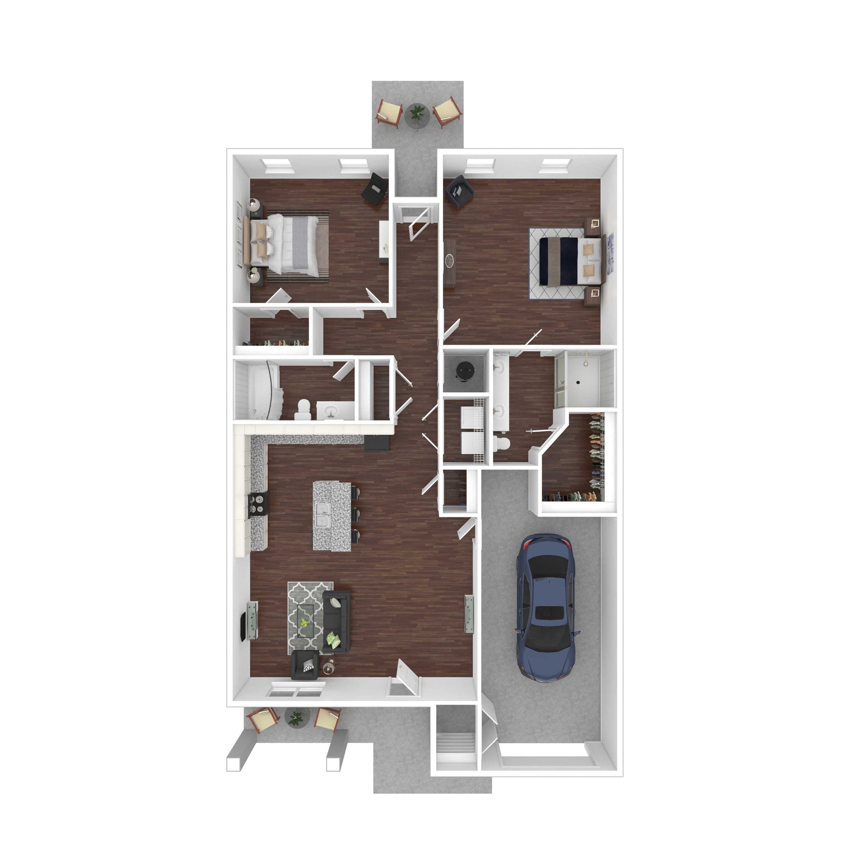 Modern 3D floor plan featuring 2 bedrooms, a cozy living area, and a sleek kitchen with an attached garage.
