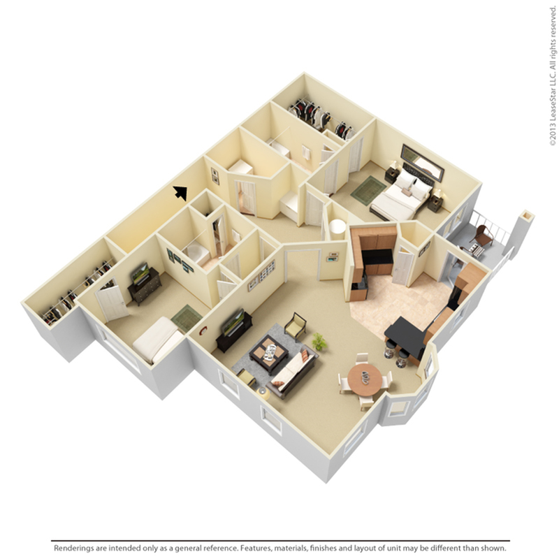 Spacious 3D floor plan with 3 bedrooms, inviting living area, modern kitchen, and stylish dining space, perfect for comfortable living.