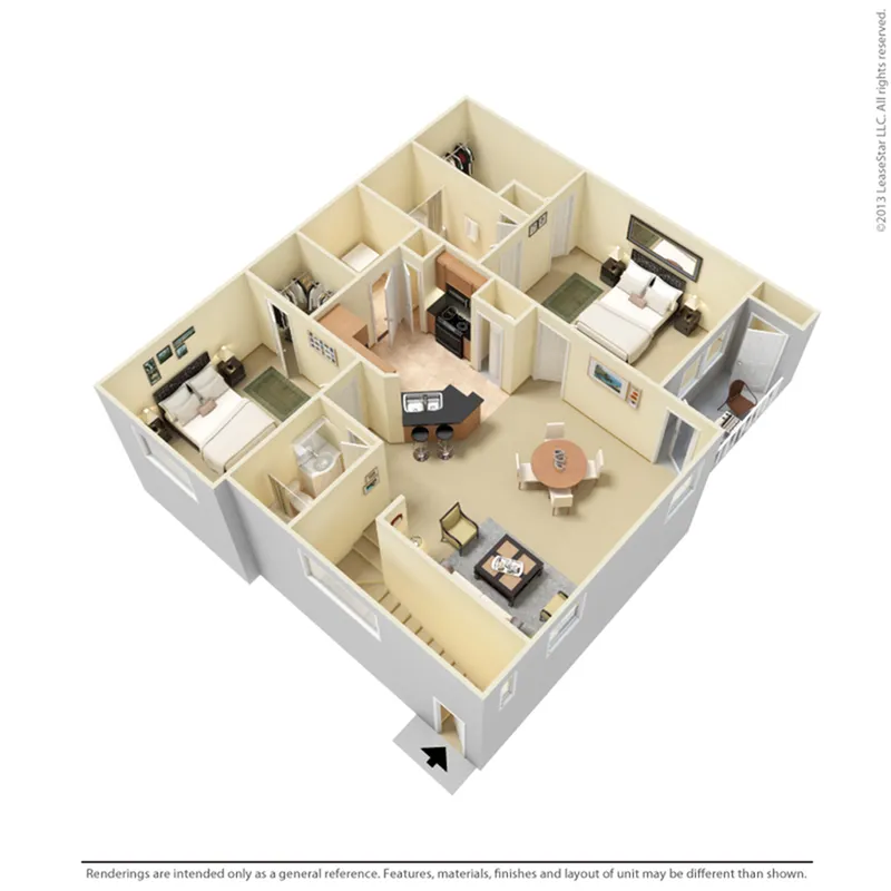 Charming 3D apartment layout showcasing 2 bedrooms, a modern open kitchen with island, and a cozy living area with elegant dining space.
