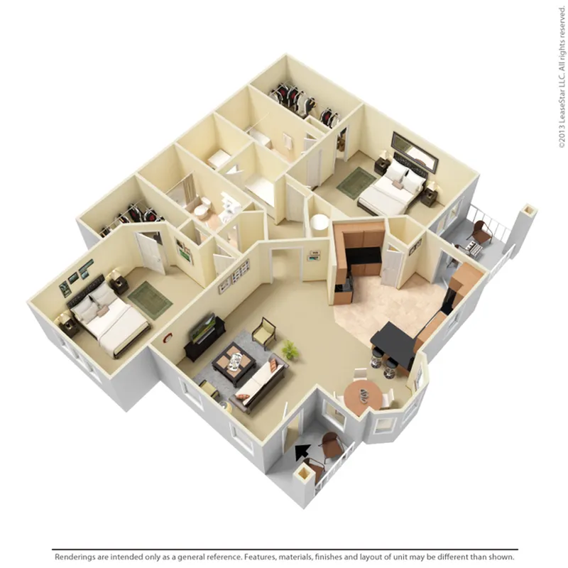 Chic 3D floor plan showcasing 3 cozy bedrooms, an inviting living room, modern kitchen, and stylish dining area.