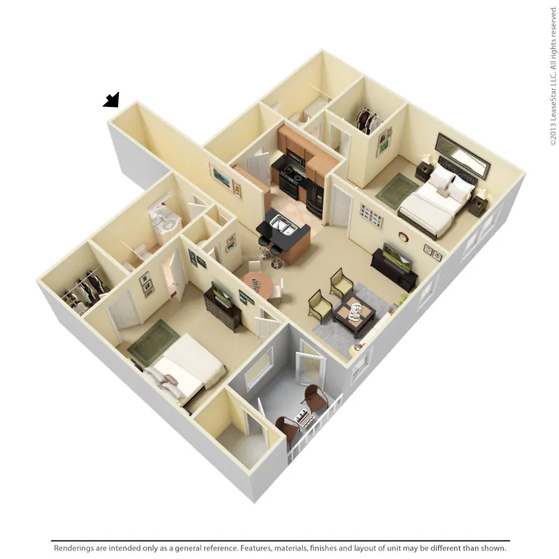 Chic 3D floor plan showcasing 2 bedrooms, modern kitchen, cozy living space, and dining area.