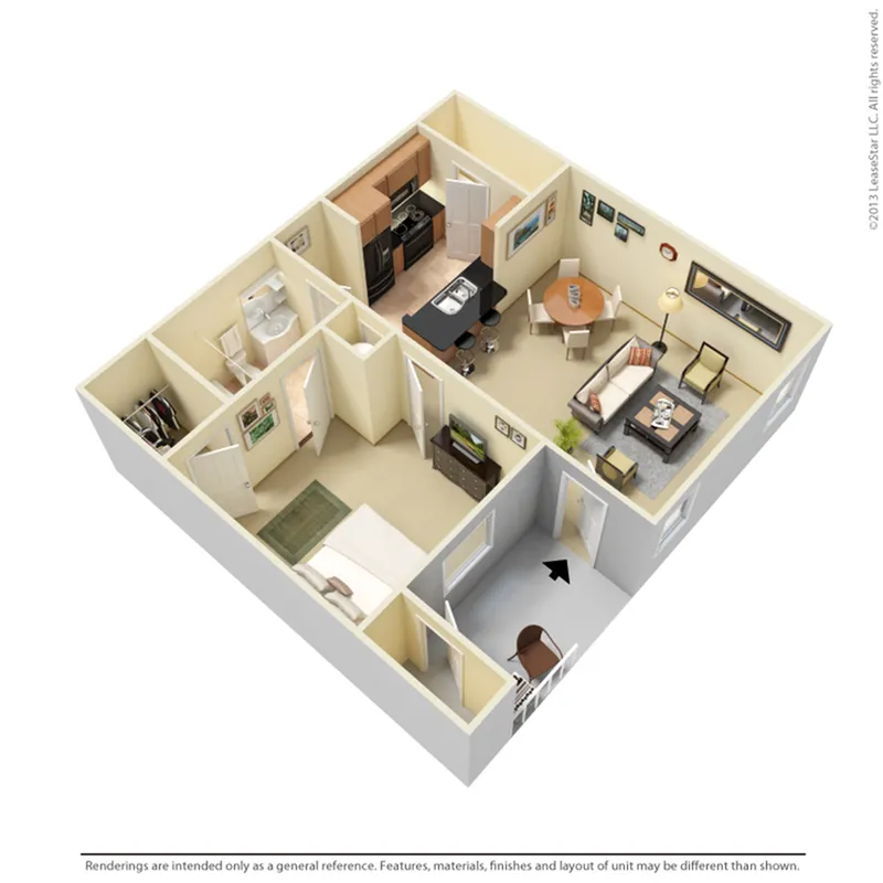 Charming 1-bedroom apartment floor plan featuring an open-concept living and dining area, modern kitchen with island seating, and cozy bathroom design.