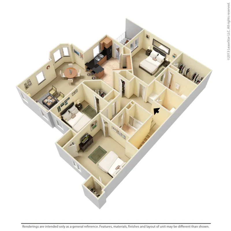 Charming 3D floor plan showcasing 3 spacious bedrooms, an elegant open-concept dining and kitchen area, and a cozy living room, perfect for comfortable living.
