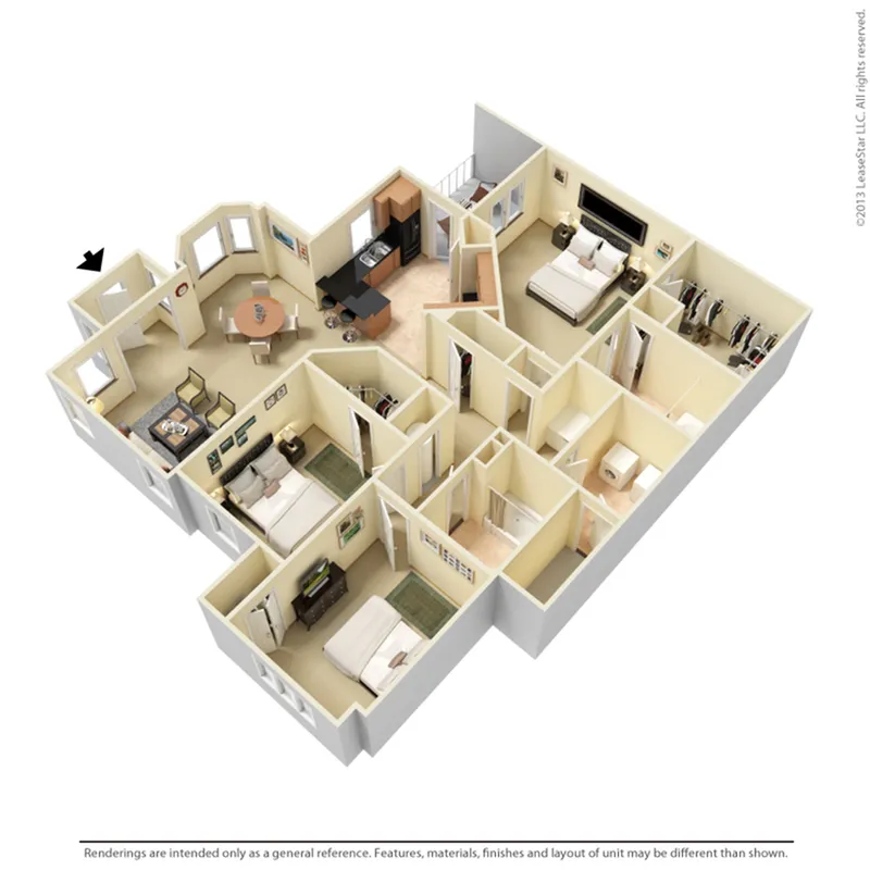 Elegant 3D floor plan showcasing a spacious 3-bedroom apartment with modern kitchen, cozy living area, and stylish dining space.