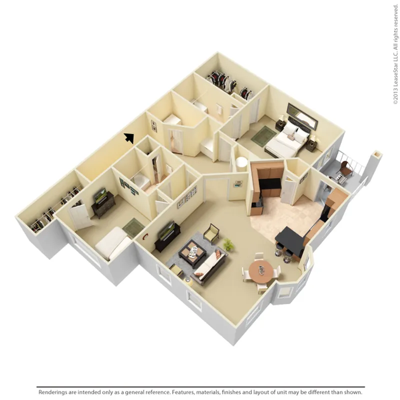 Elegant 3D apartment floor plan featuring two bedrooms, a modern kitchen, and a spacious living area with stylish furniture.