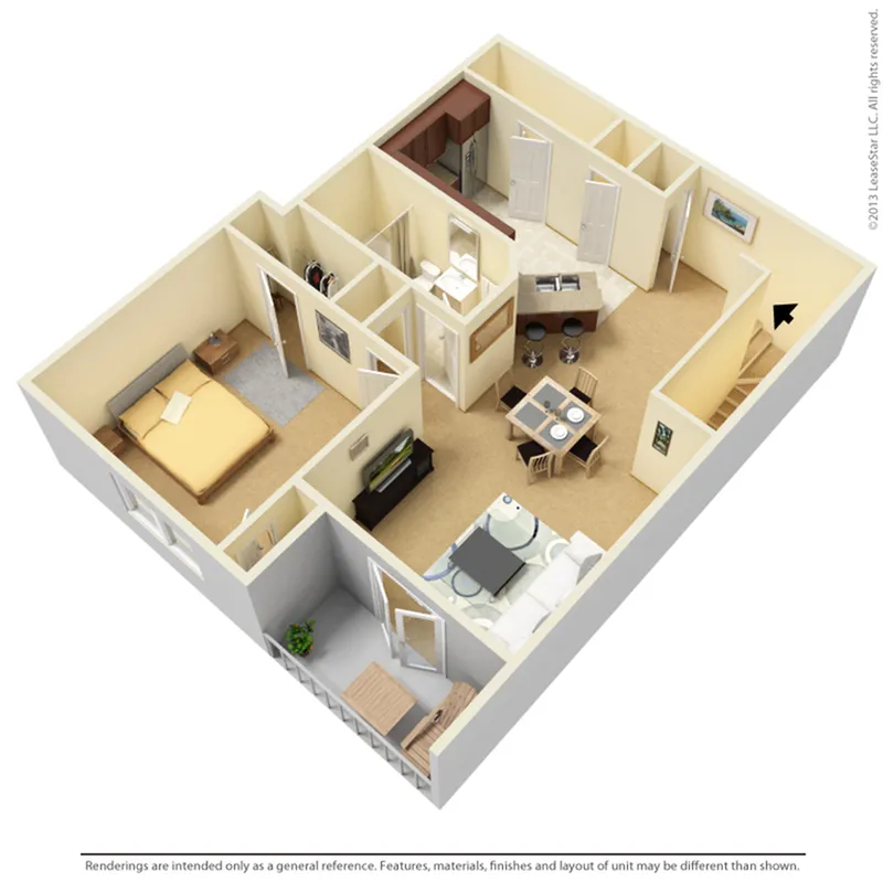 Charming 3D floor plan featuring a cozy bedroom, sleek kitchen with breakfast bar, stylish dining area, and inviting living space.