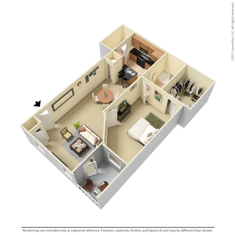 Modern 3D floor plan featuring a cozy one-bedroom apartment with an inviting living area, functional kitchen, and ample closet space.