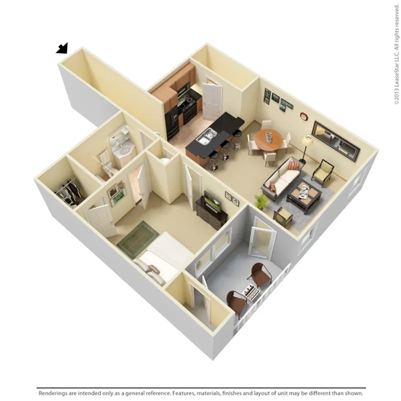 Modern 3D floor plan showcasing 1 bedroom, a stylish kitchen with bar seating, cozy living area, and a well-appointed dining space.