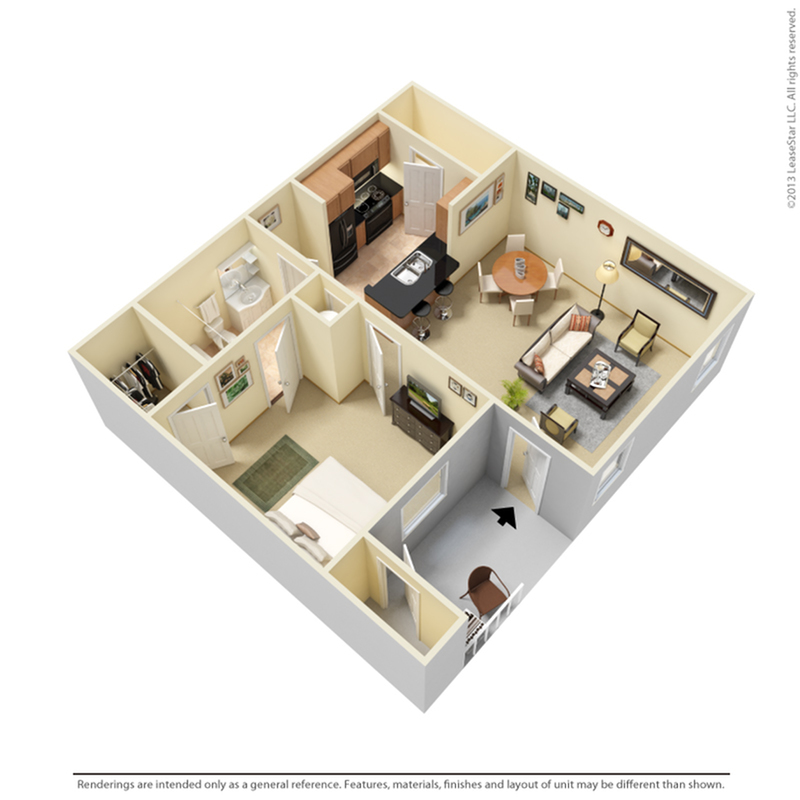 Inviting 3D floor plan showcasing a modern apartment with one bedroom, open kitchen with breakfast bar, cozy living and dining area, and well-appointed bathroom.
