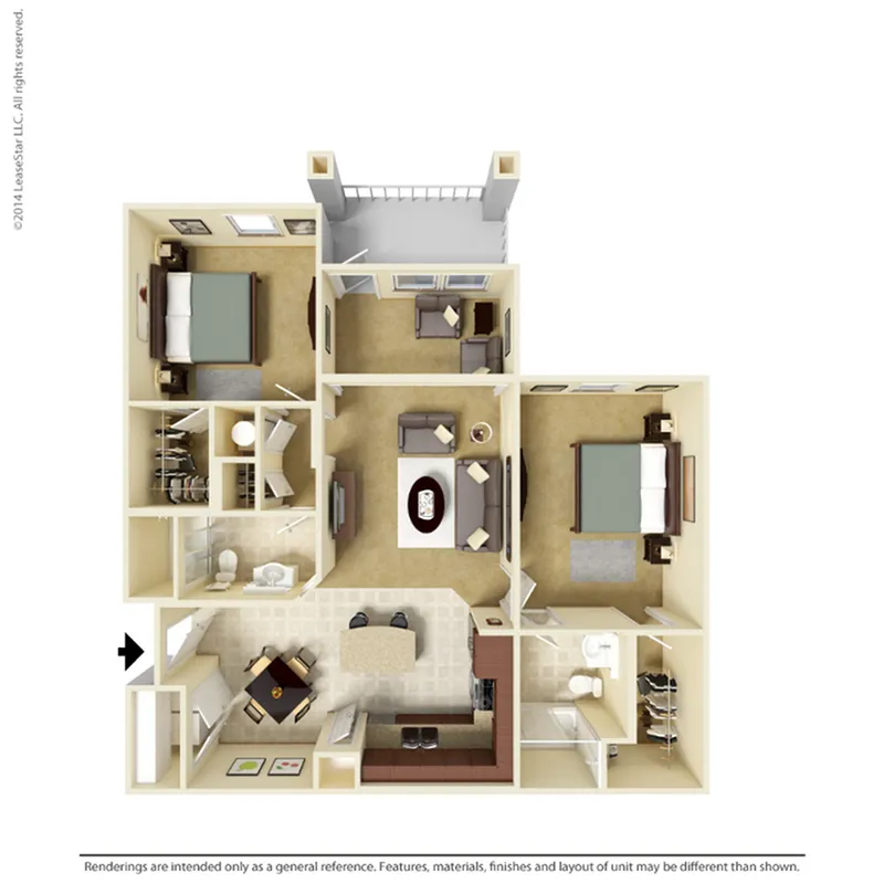 Inviting 3D floor plan showcasing two spacious bedrooms, an elegant living room, modern kitchen, and two bathrooms with ample closet space.