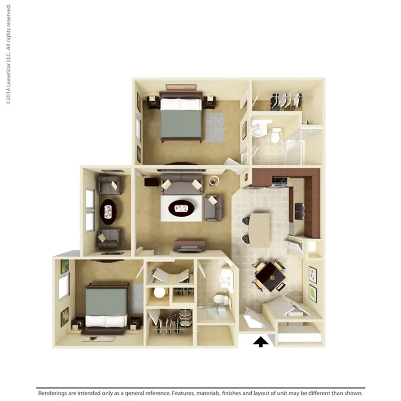 Modern 3D floor plan featuring two spacious bedrooms, elegant open-plan living area, and a fully equipped kitchen with breakfast bar.