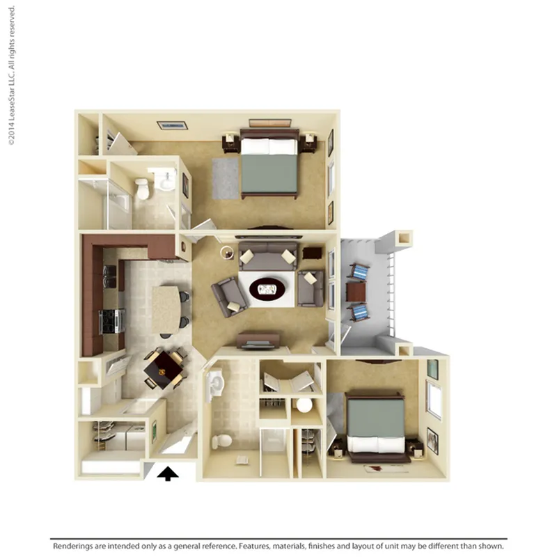 Inviting 3D floor plan featuring 2 spacious bedrooms, a cozy living room, modern kitchen, and 2 bathrooms, perfect for stylish urban living.