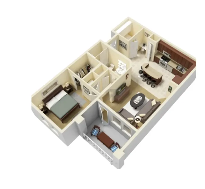 Charming 3D floor plan showcasing one bedroom, a cozy living room, modern kitchen with island seating, and inviting dining area.