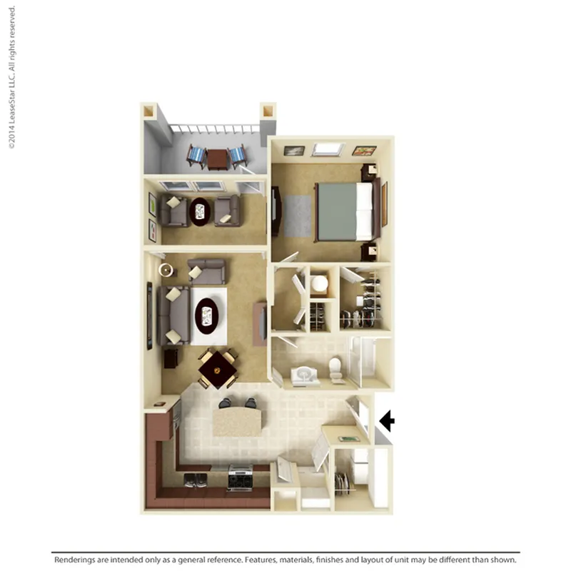 Modern 3D floor plan showcasing one bedroom, an inviting living area, cozy dining space, and a well-equipped kitchen with an adjacent balcony.