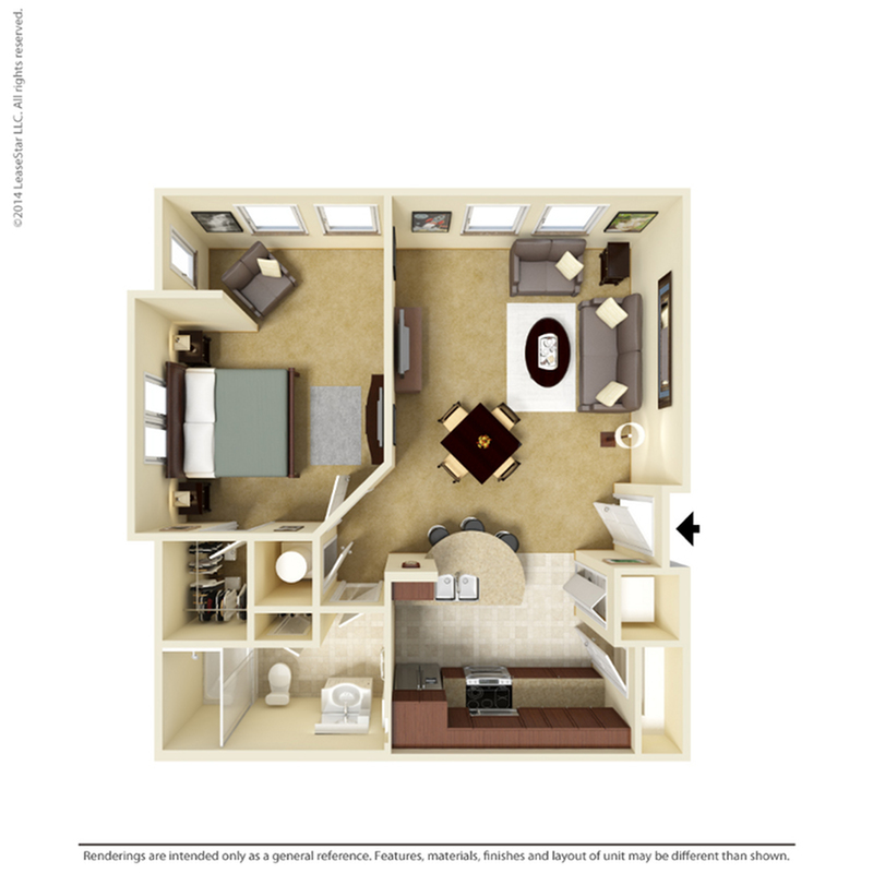 Modern 3D floor plan showcasing a 1-bedroom apartment with an open-concept living room, cozy dining area, and a fully-equipped kitchen.