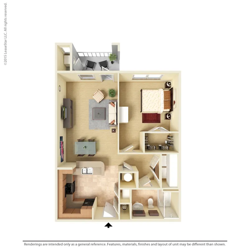 Modern floor plan featuring 1 bedroom, a spacious living room, a cozy kitchen, and a private balcony.