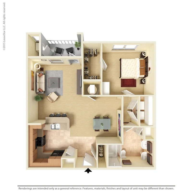 Inviting 3D floor plan highlighting 1 spacious bedroom, cozy living area, modern kitchen, and two bathrooms with luxurious fixtures.