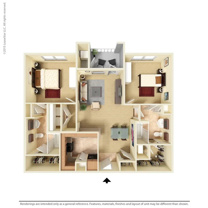 Elegant 3D floor plan showcasing 2 spacious bedrooms, a cozy living area, modern kitchen, and inviting balcony.