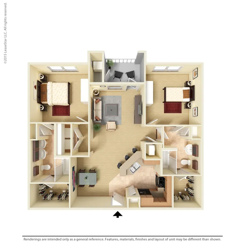 Modern 2D floor plan featuring 2 cozy bedrooms, a spacious living room, an open kitchen with an island, and a chic dining area, perfect for comfortable living.
