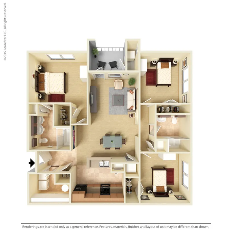 Charming 3D floor plan featuring 3 bedrooms, a cozy living room, open kitchen, and a private balcony, perfect for comfortable living.