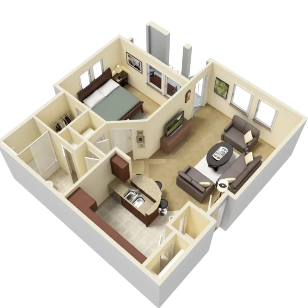 Charming 3D floor plan showcasing a cozy one-bedroom apartment with an open living room, modern kitchen, and sleek bathroom.