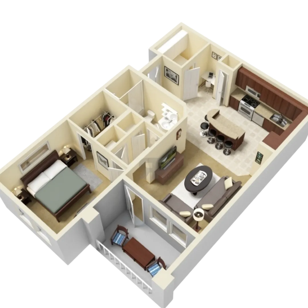 Contemporary 3D floor plan featuring a comfortable bedroom, modern kitchen with breakfast bar, and cozy living room opening to a private balcony.