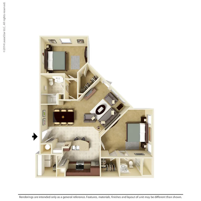 Charming 3D floor plan featuring 2 cozy bedrooms, elegant living room, modern kitchen, and stylish dining area.
