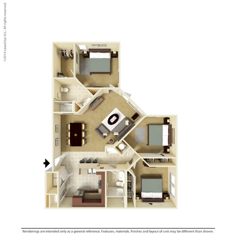 Modern 3D floor plan showcasing three cozy bedrooms, an elegant living room, and a contemporary kitchen with a breakfast bar.