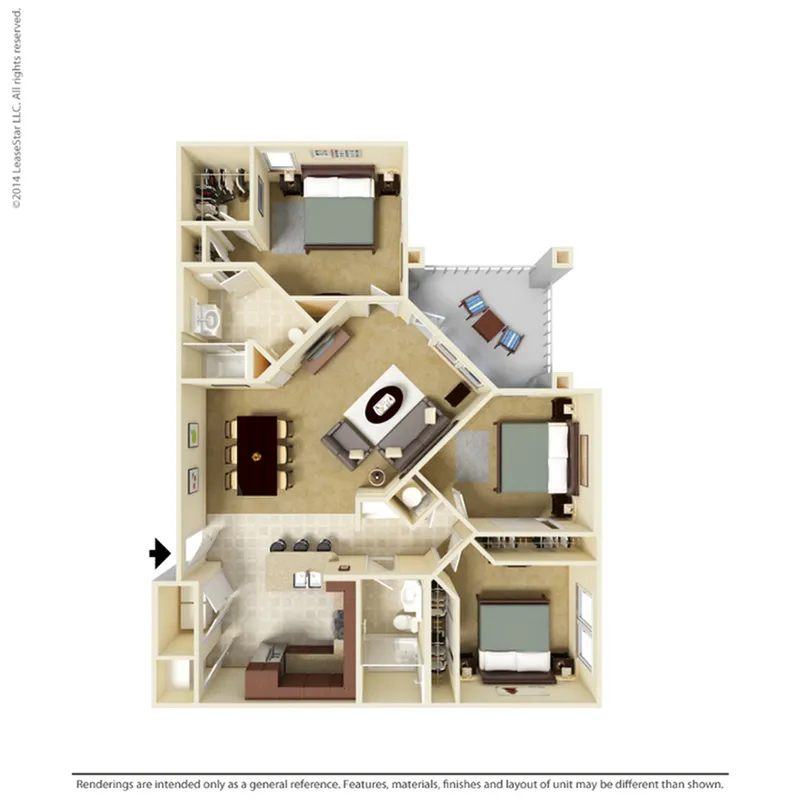 Elegant 3D floor plan showcasing a modern three-bedroom apartment with open-concept living and dining area, a sleek kitchen, two bathrooms, and a charming balcony.