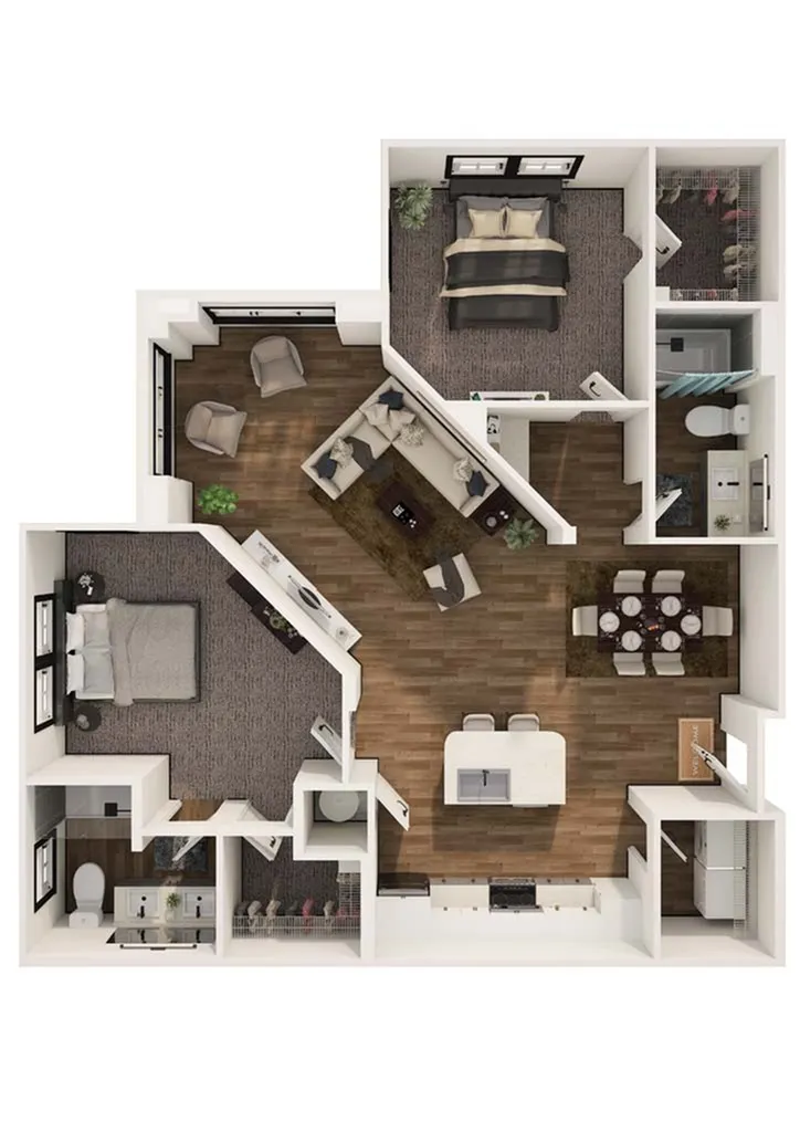 Contemporary floor plan showcasing 2 bedrooms, open living area, modern kitchen with island, and dining space.
