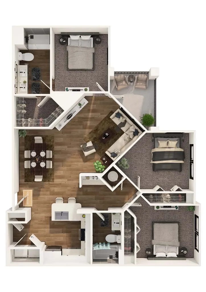Elegant 3D floor plan of a modern apartment featuring 3 bedrooms, cozy living room, open-concept kitchen with island, 2 luxurious bathrooms, and a charming balcony space. Ideal for stylish urban living.