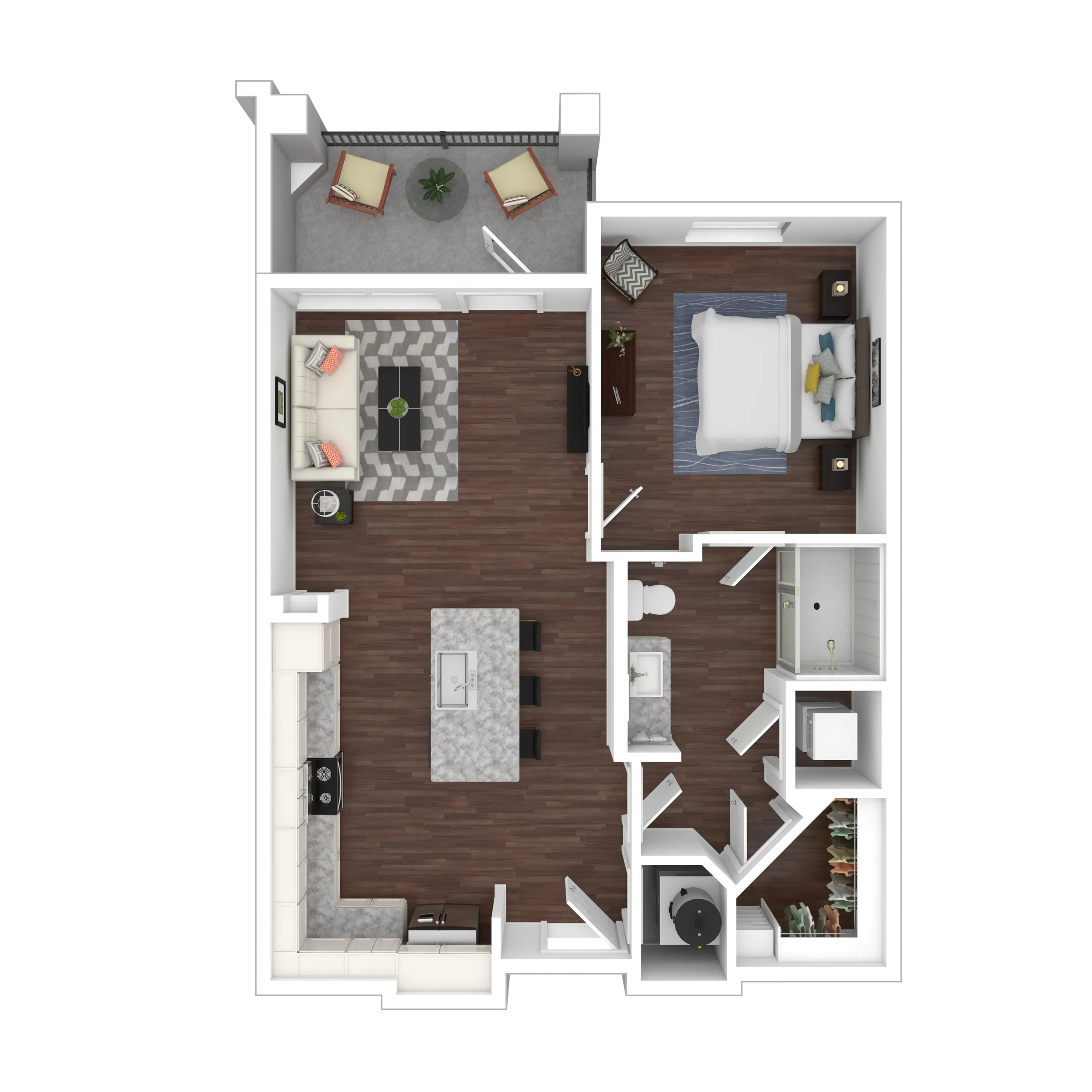 Modern 1-bedroom apartment floor plan featuring a spacious living area, open kitchen with island, cozy bedroom, bathroom, and a relaxing balcony space.