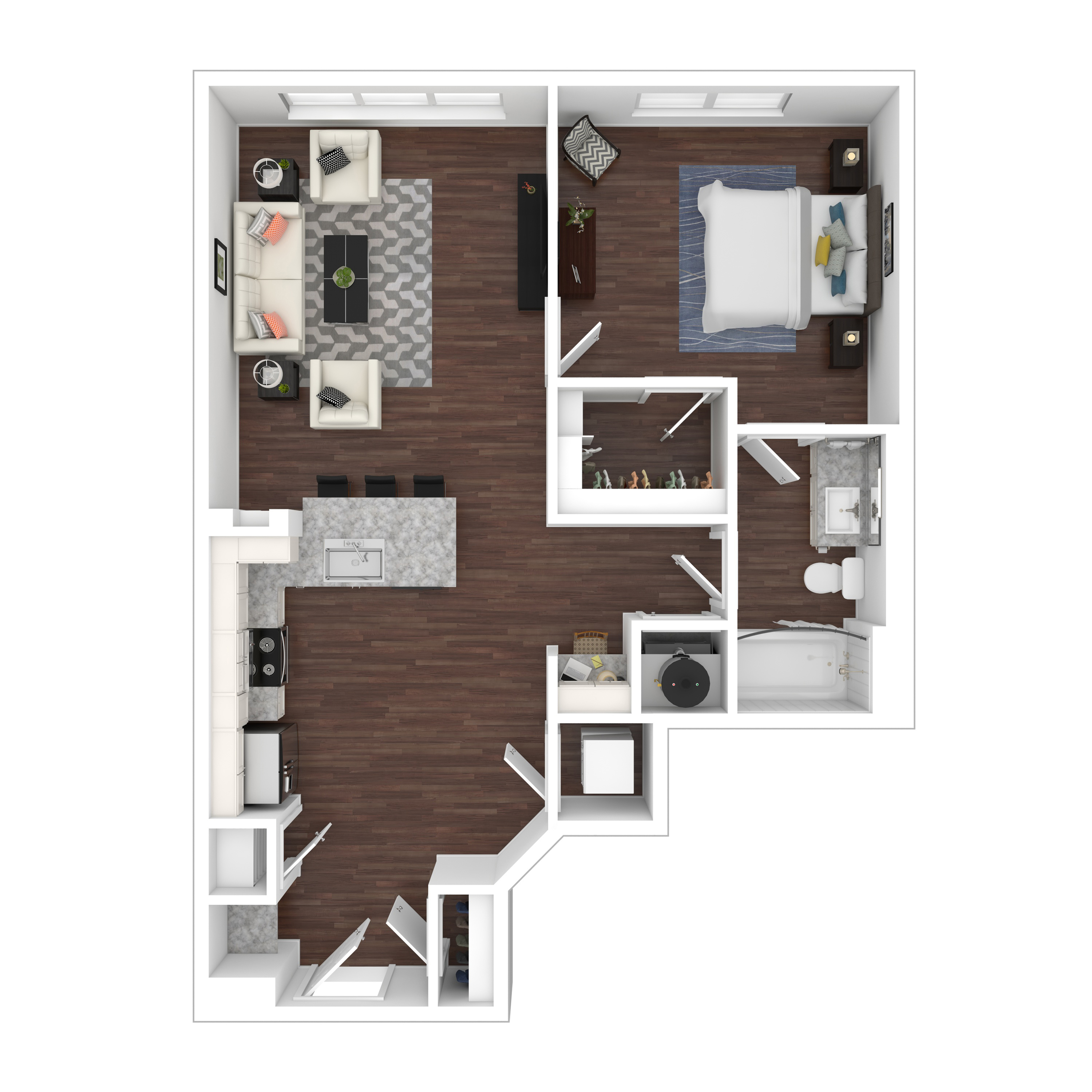 Modern floor plan with a spacious bedroom, cozy living area, and an open kitchen featuring sleek countertops.