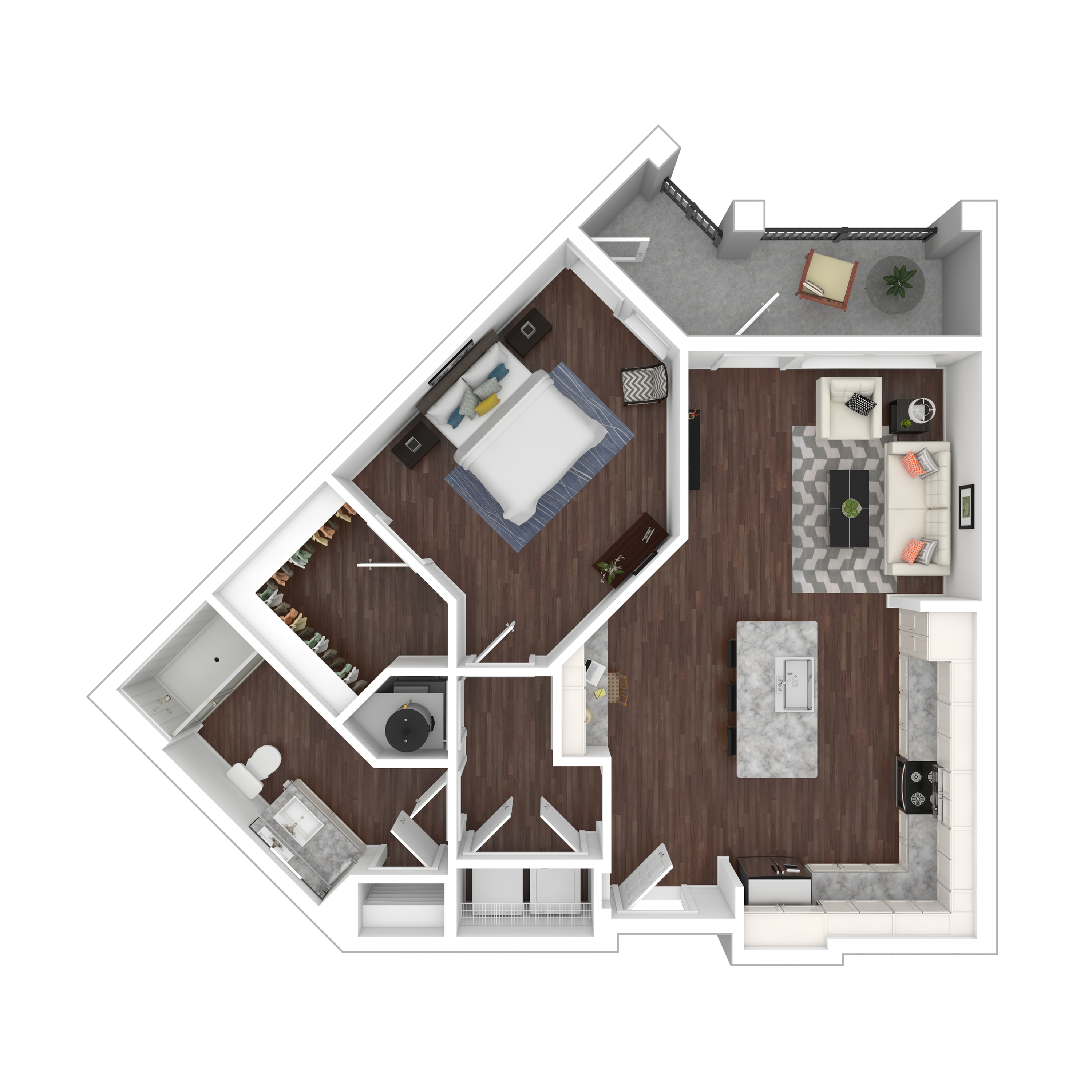 Chic 3D floor plan showcasing a spacious one-bedroom apartment with modern open-concept living area, stylish kitchen, and private balcony.
