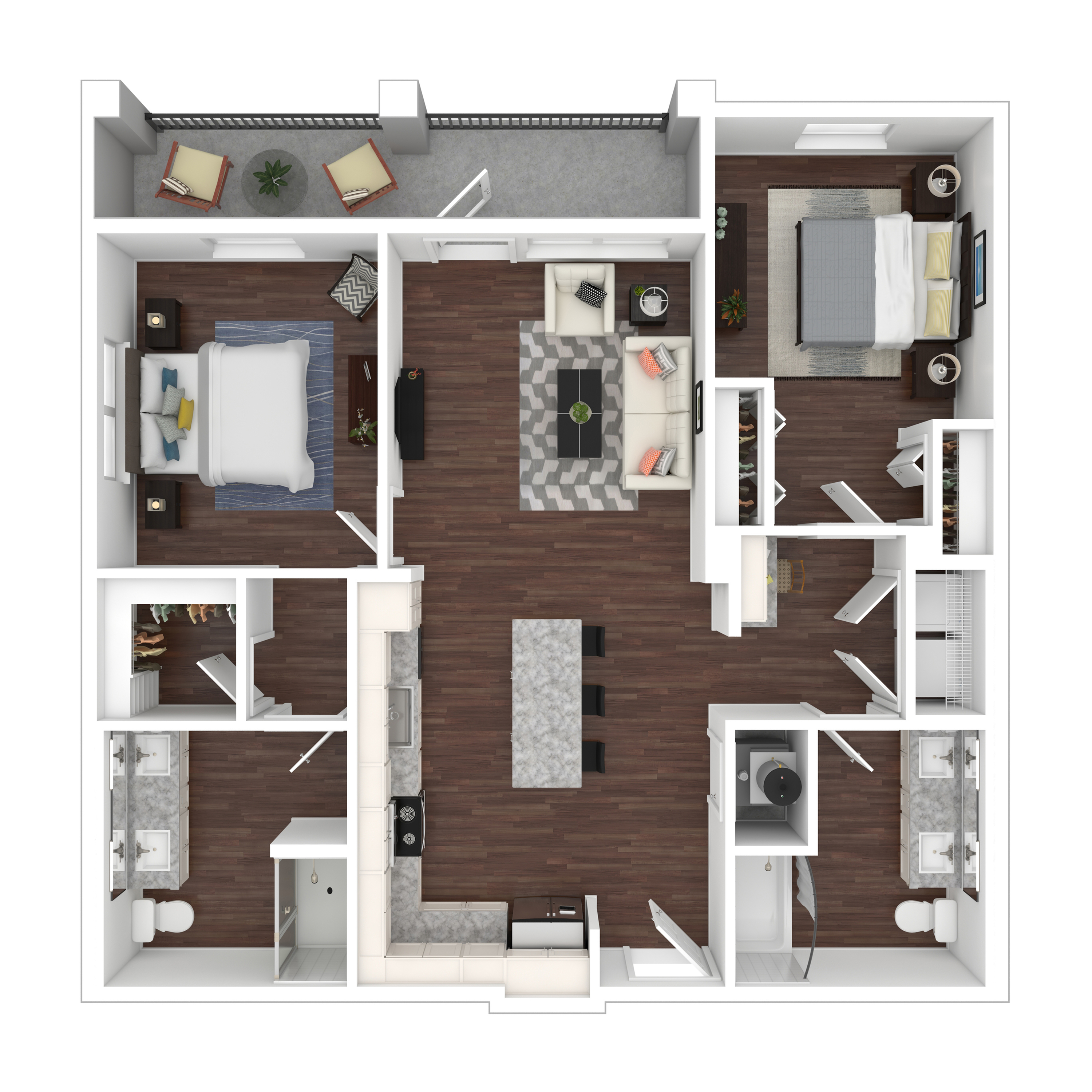 Contemporary floor plan showcasing a spacious 2-bedroom apartment with a stylish open-concept living area, modern kitchen with island seating, and two elegant bathrooms. Features include a cozy balcony and abundant natural light.