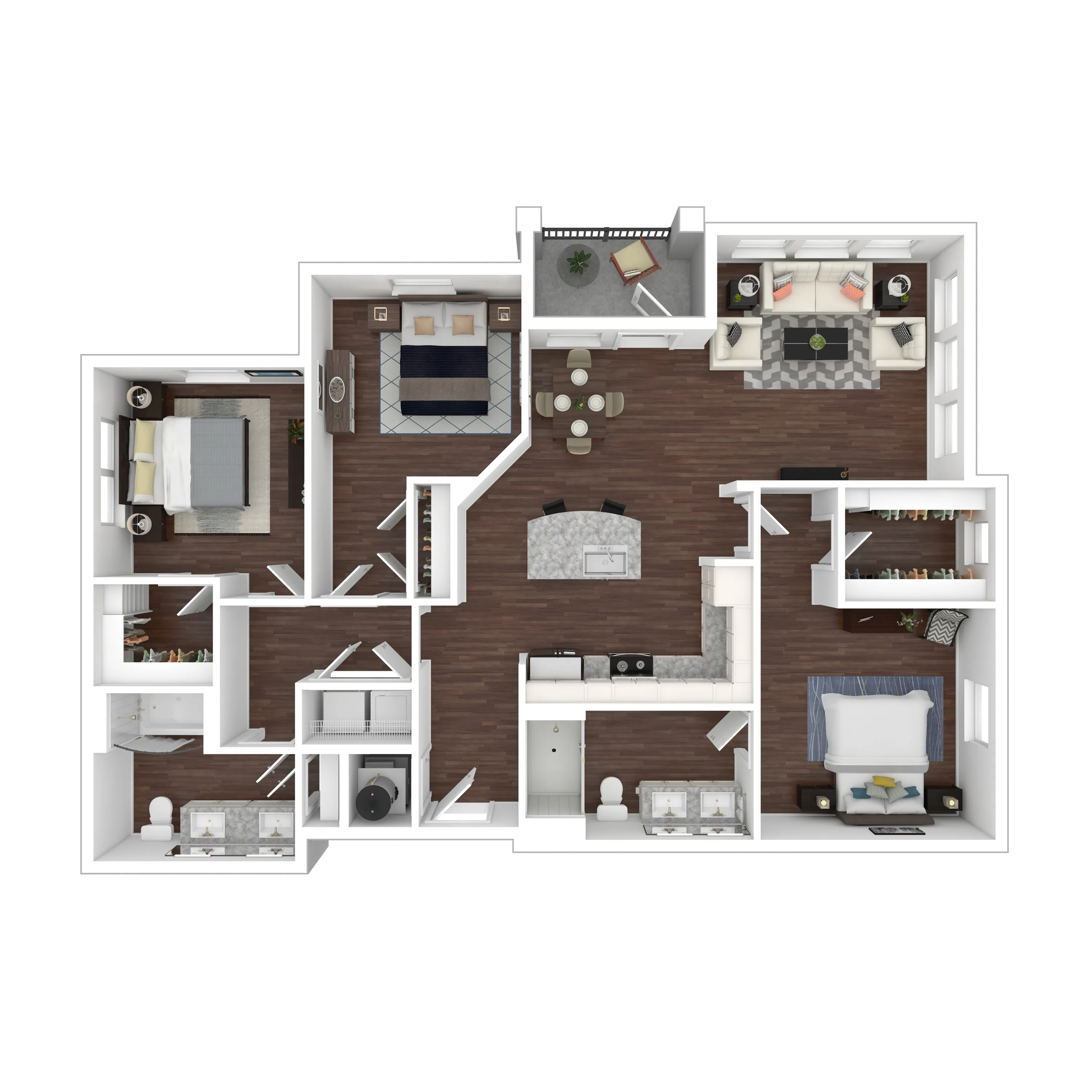 Elegant 2D floor plan illustrating a modern apartment with 2 bedrooms, open-concept living and dining area, sleek kitchen, and 2 bathrooms. Cozy balcony included for relaxation.