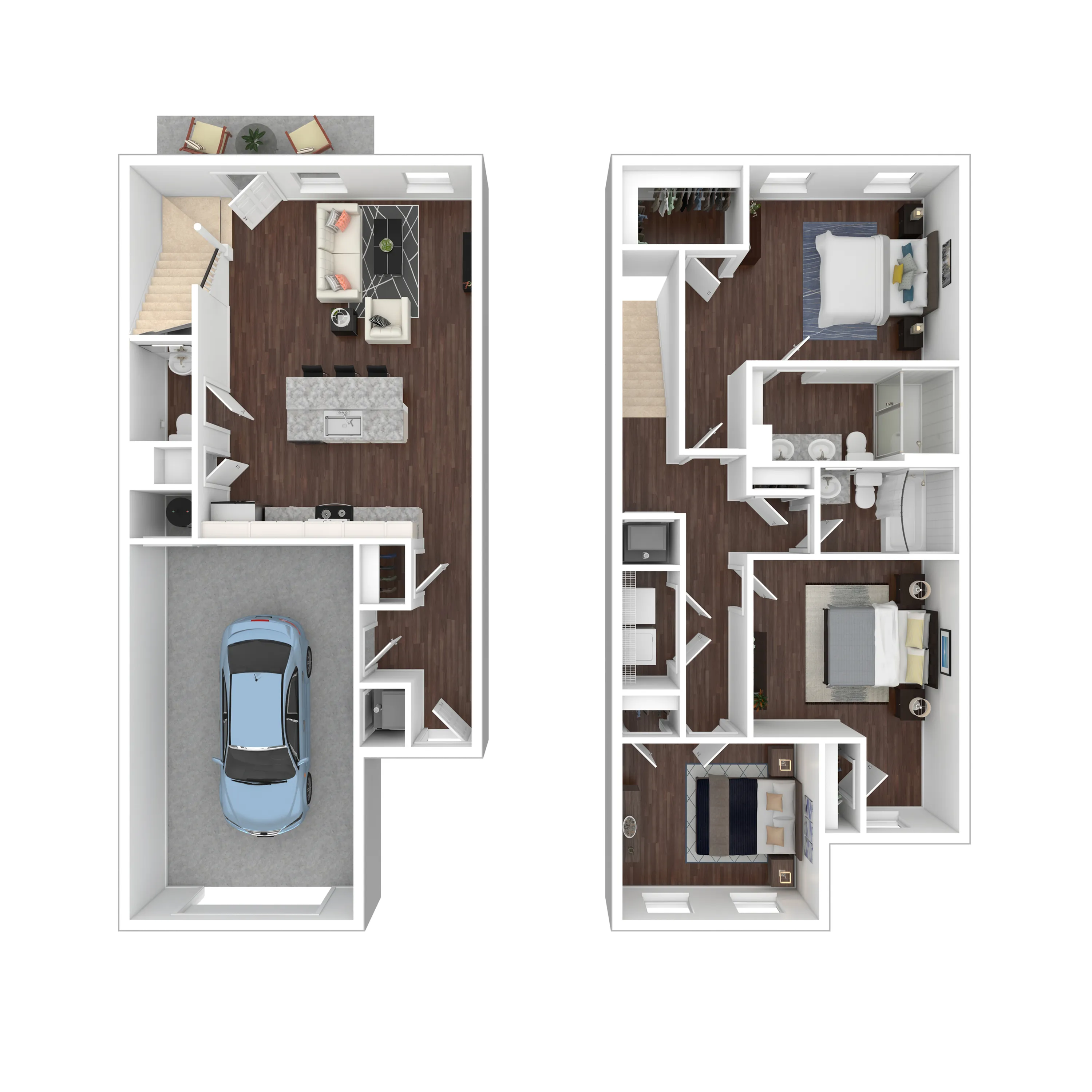 Modern two-story floor plan with an open-concept living area, stylish kitchen, and single-car garage on the main level; includes two cozy bedrooms, a spacious bathroom, and walk-in closet on the upper floor.