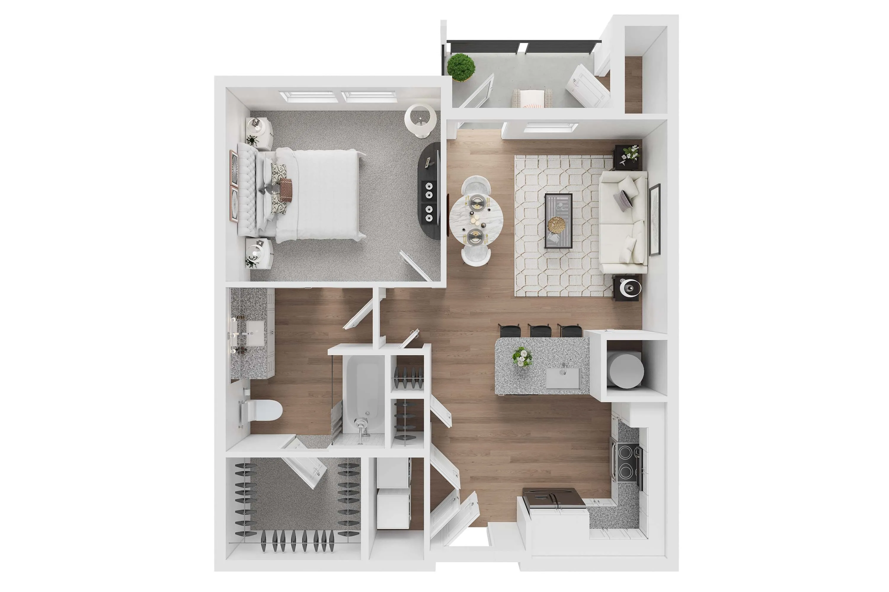 Modern 2D floor plan showcasing a cozy 1-bedroom layout with a stylish open-concept living room and a well-equipped kitchen.