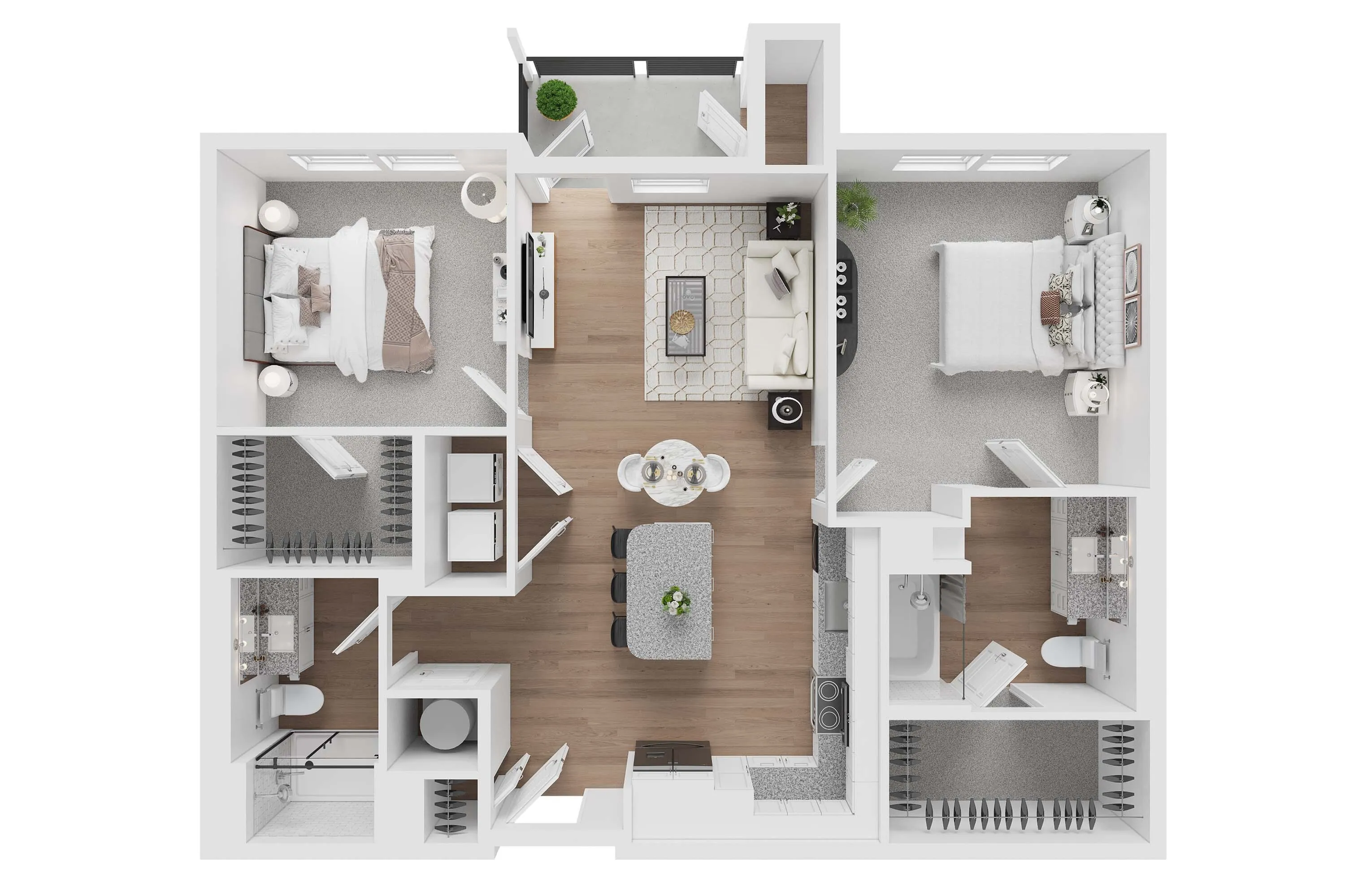 Modern 2D floor plan showcasing two spacious bedrooms, a cozy living room, open kitchen with island, dining area, and two bathrooms. Includes stylish interiors and smart layout for optimal living.