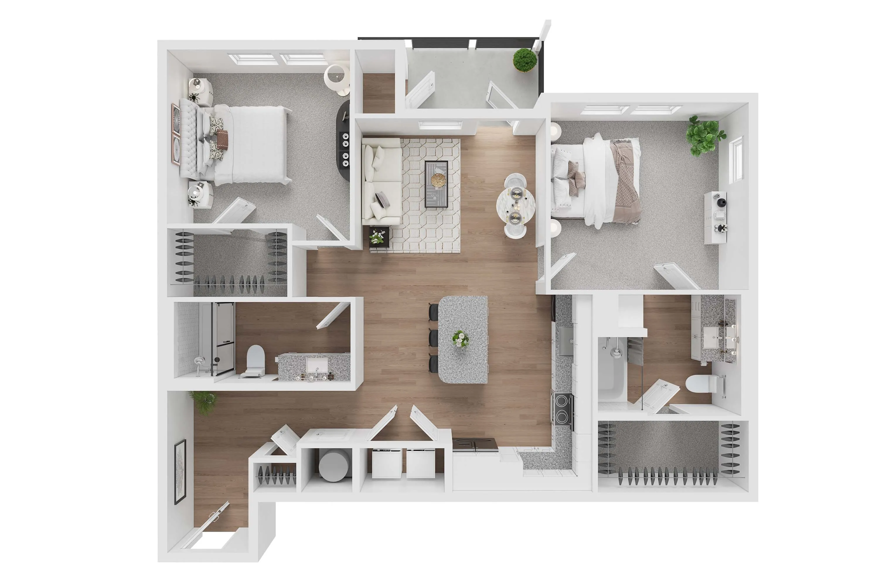 Elegant floor plan showcasing 2 bedrooms, cozy living room, open kitchen, and modern amenities.