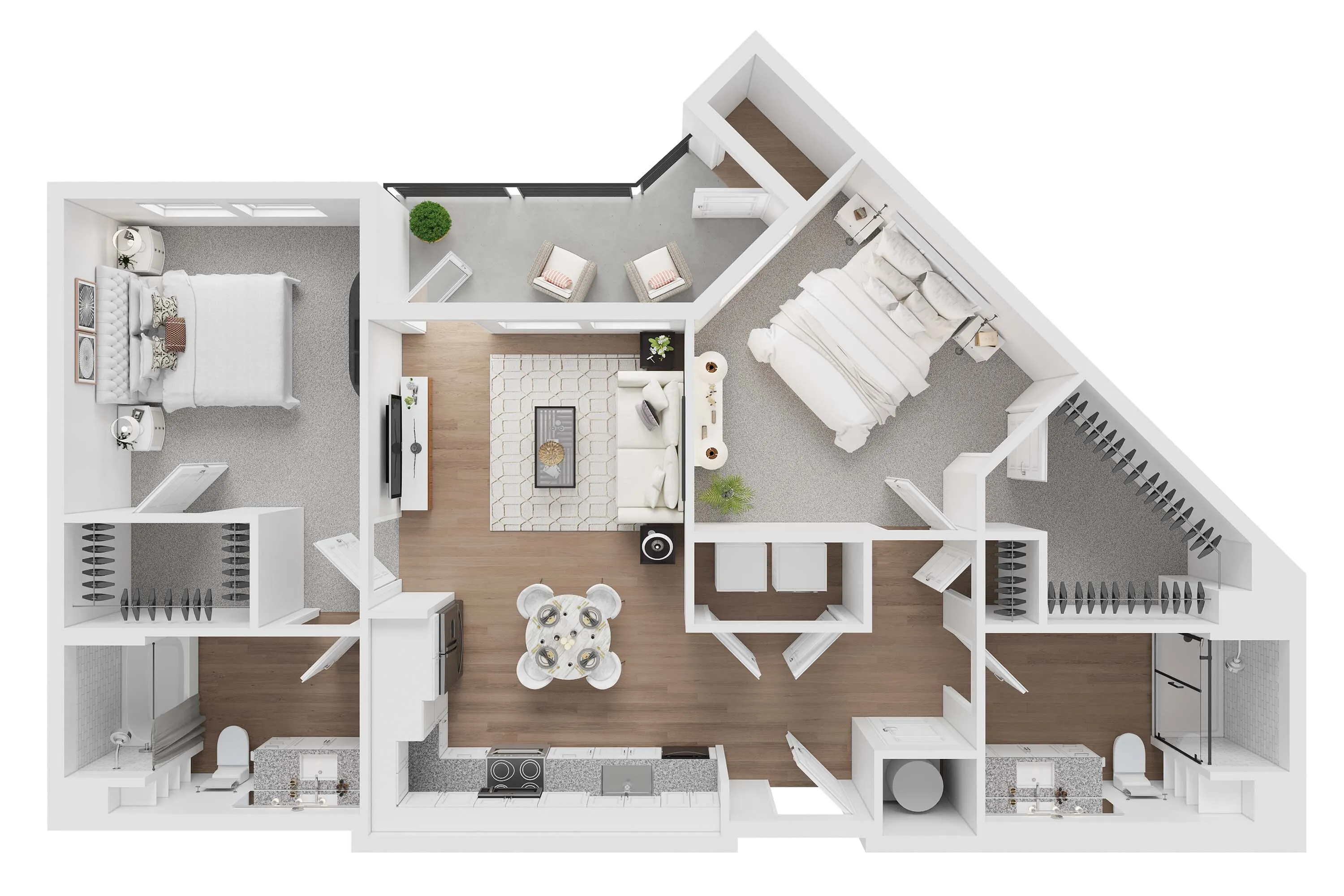 Modern open-concept 2D floor plan with two cozy bedrooms, a stylish living area, and a sleek kitchen, featuring contemporary design and ample storage.