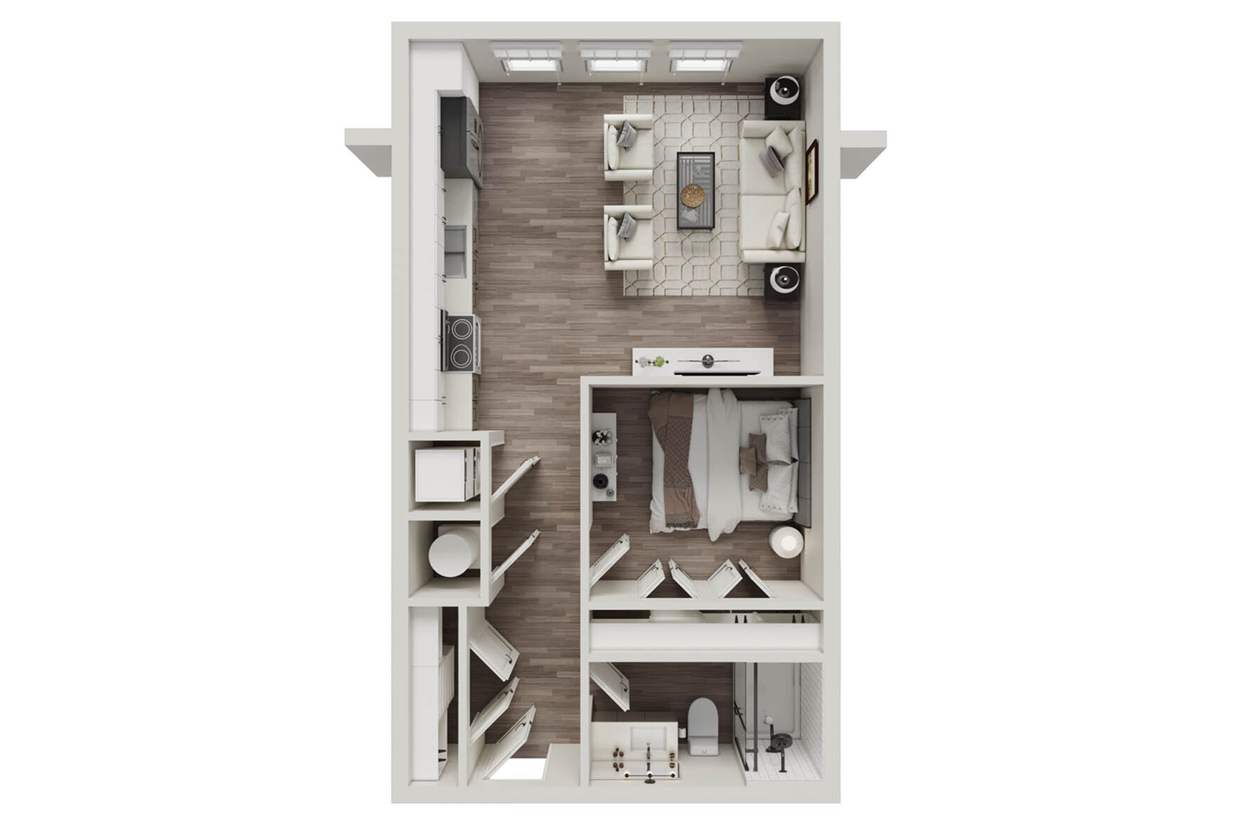 Modern 1-bedroom apartment floor plan featuring a cozy living room, sleek kitchen, and a stylish bathroom.