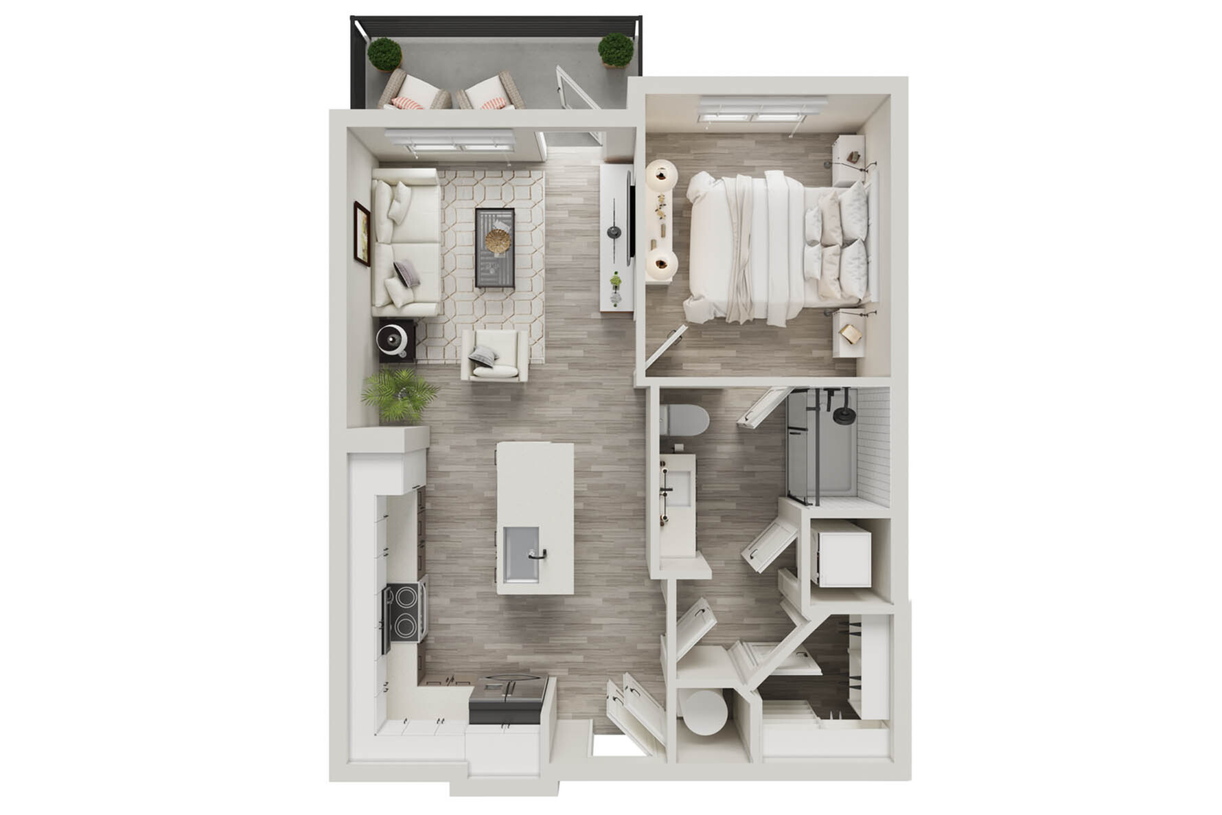 Modern 1-bedroom apartment floor plan featuring an open-concept living area, sleek kitchen with island, elegant bedroom, stylish bathroom, and cozy balcony.