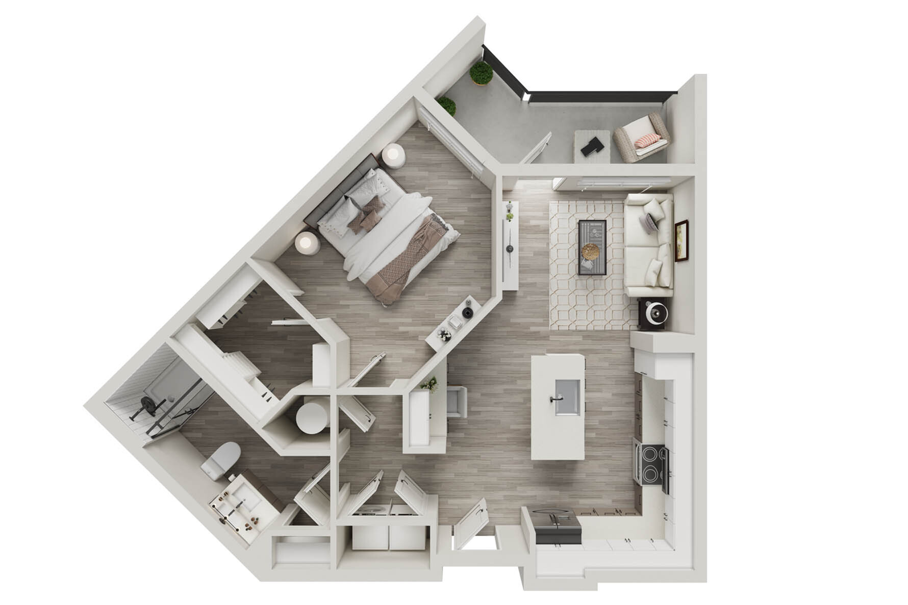 Modern apartment floor plan featuring one bedroom, open-concept living and kitchen area, cozy balcony, and sleek bathroom design.