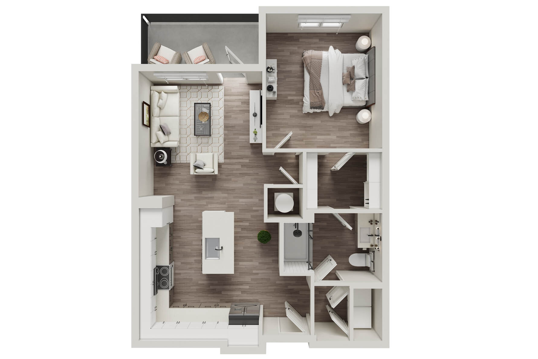 Contemporary open-concept floor plan featuring a cozy bedroom, modern kitchen island, inviting living area, chic bathroom, and a private balcony.