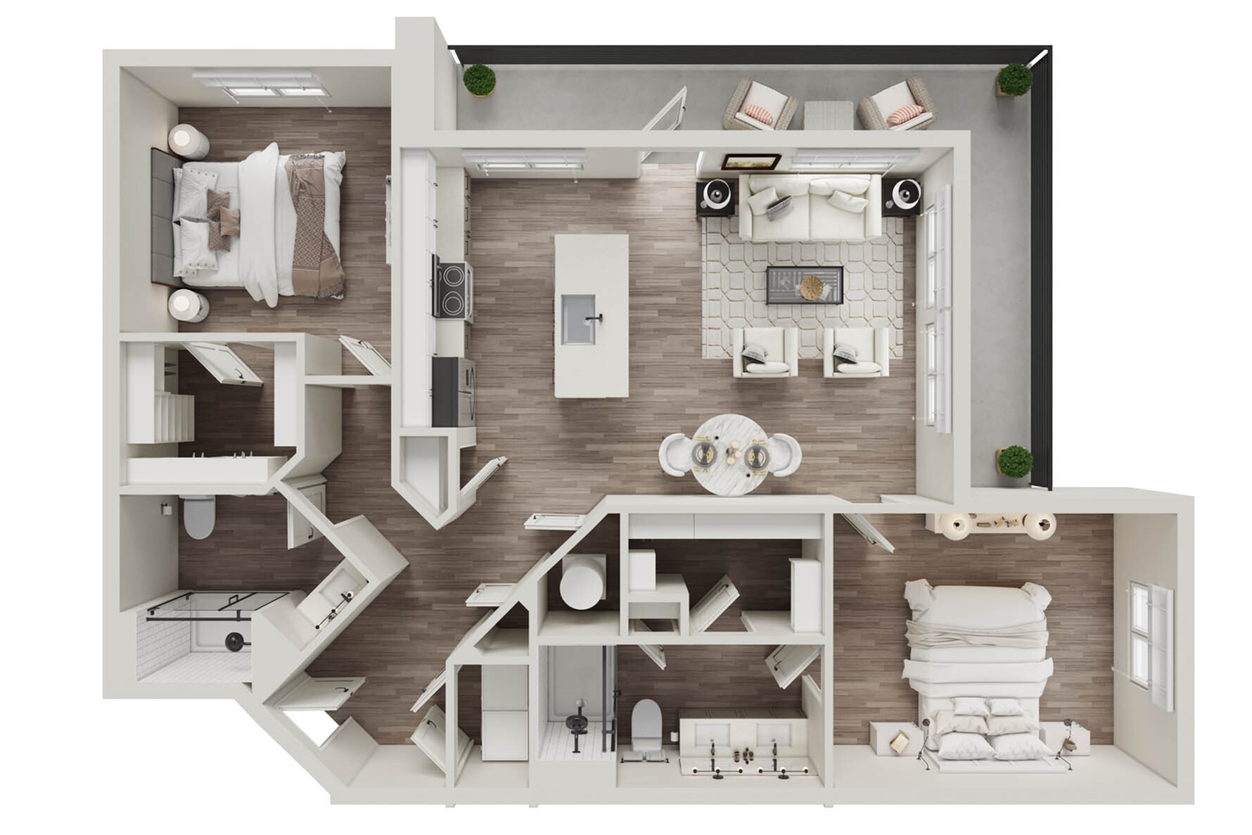 Modern apartment layout showcasing two spacious bedrooms, a sleek kitchen with island, open living area, and chic balcony space.