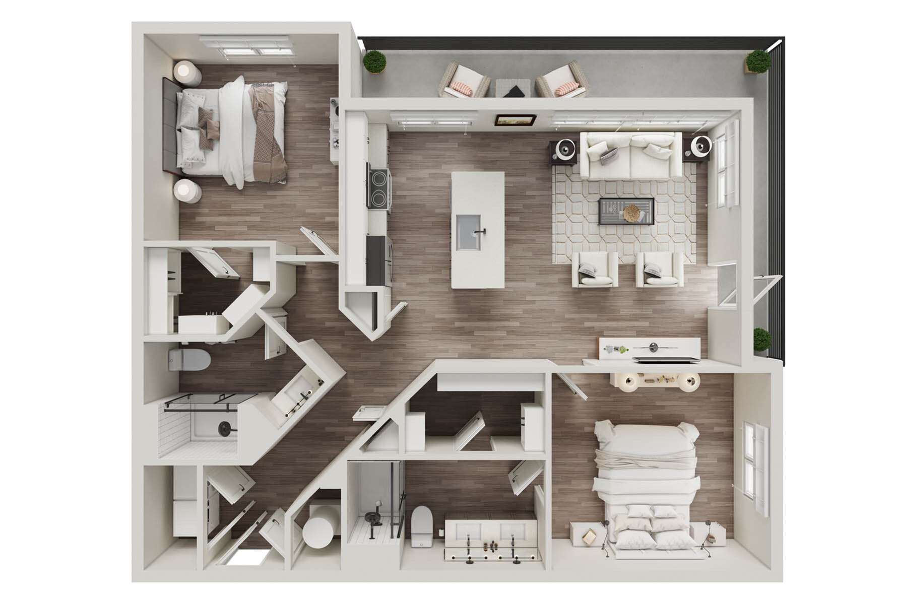 Modern 2D floor plan featuring two bedrooms, a stylish living area, open kitchen, and private balcony.